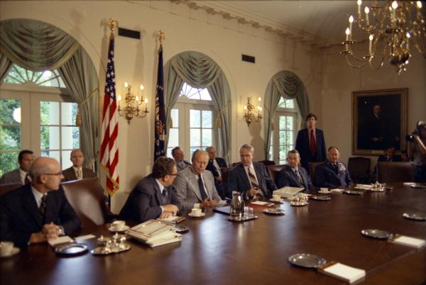 President Gerald Ford, Henry Kissinger, James Schlesinger, Robert Ingersoll, William Clements, George Brown, William Colby, Brent Scowcroft, Kennedy, Donald Rumsfeld, Robert Hartmann, and John Marsh attend a National Security Council meeting in the White House Cabinet Room, 8/10/1974., White House Photographic Office Photographs, 1974-1977