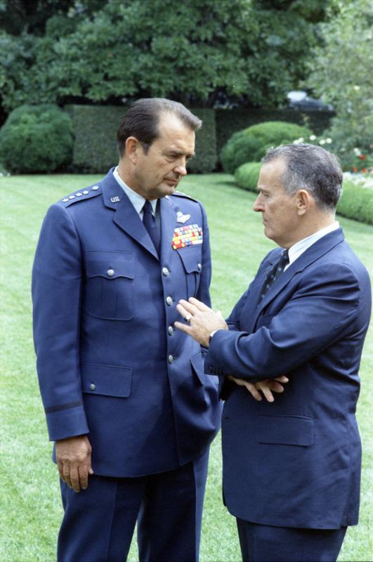 USAF Chief Gen. David C. Jones and Assistant Secretary of Defense William Clements in the White House Rose Garden, 9/5/1974.